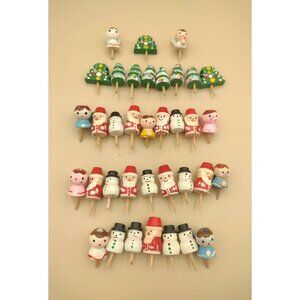 Vtg RARE Bento Box Christmas Japan Wood Picks Candle Holders Angels Trees Santa